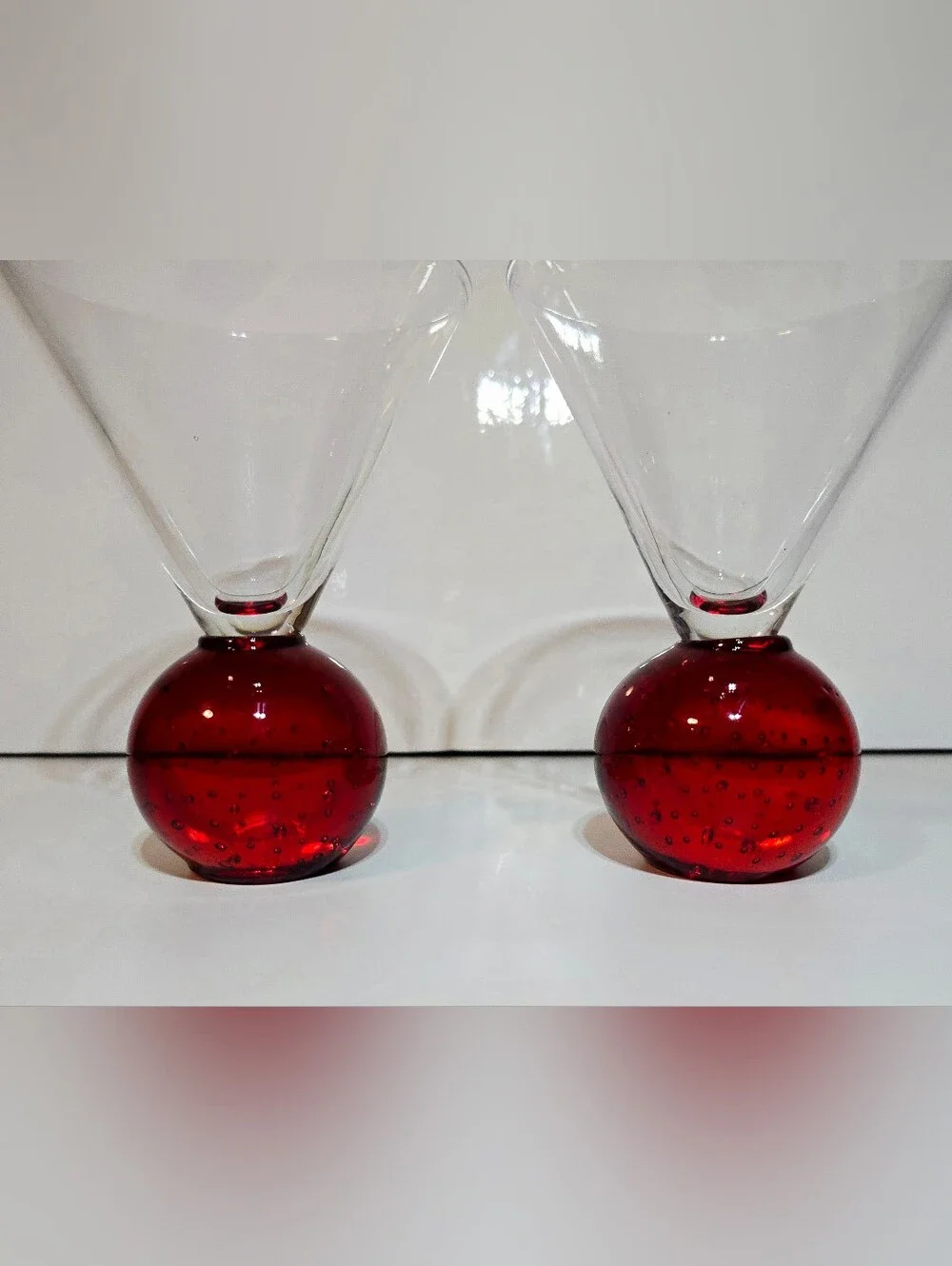 MCM Red Controlled Bubble Base Martini Glass Set of 2 Vintage Art Deco Drinkware